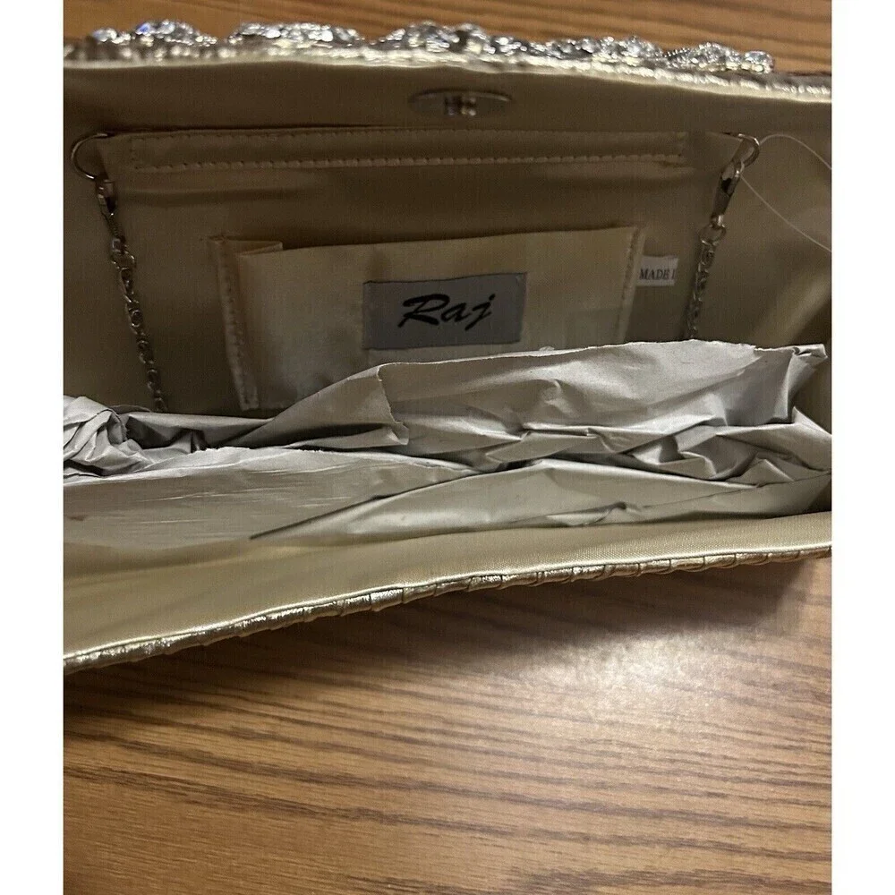 NWT Raj Metallic Gold Evening Clutch Handbag With Metal Gemstone w/ Chain